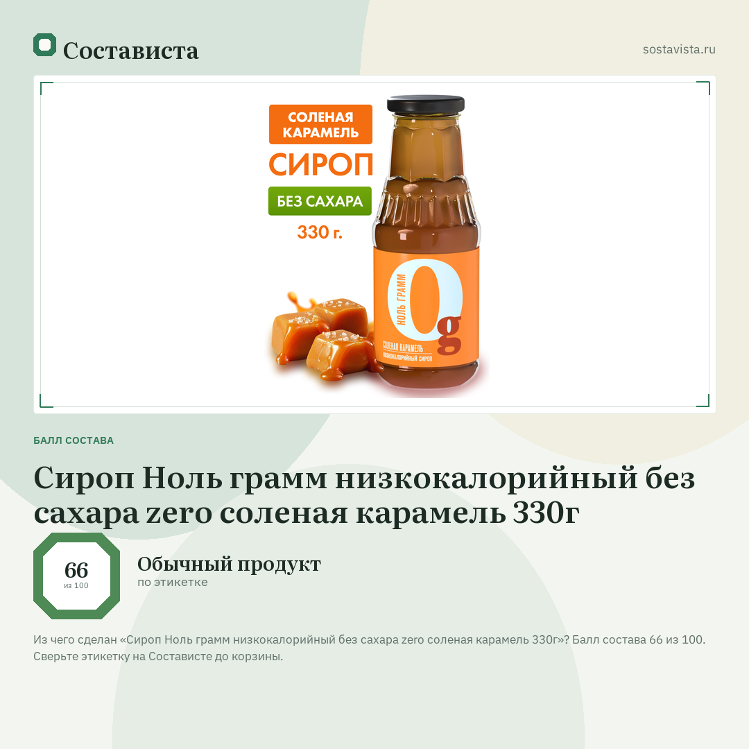 Сироп Ноль грамм низкокалорийный без сахара zero соленая карамель 330г: балл состава 66 из 100 — Состависта