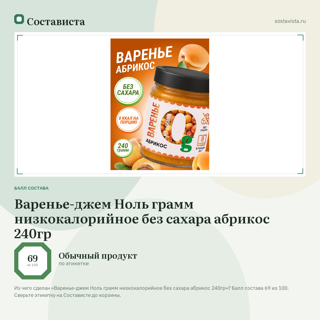 Варенье-джем Ноль грамм низкокалорийное без сахара абрикос 240гр: балл состава 69 из 100 — Состависта