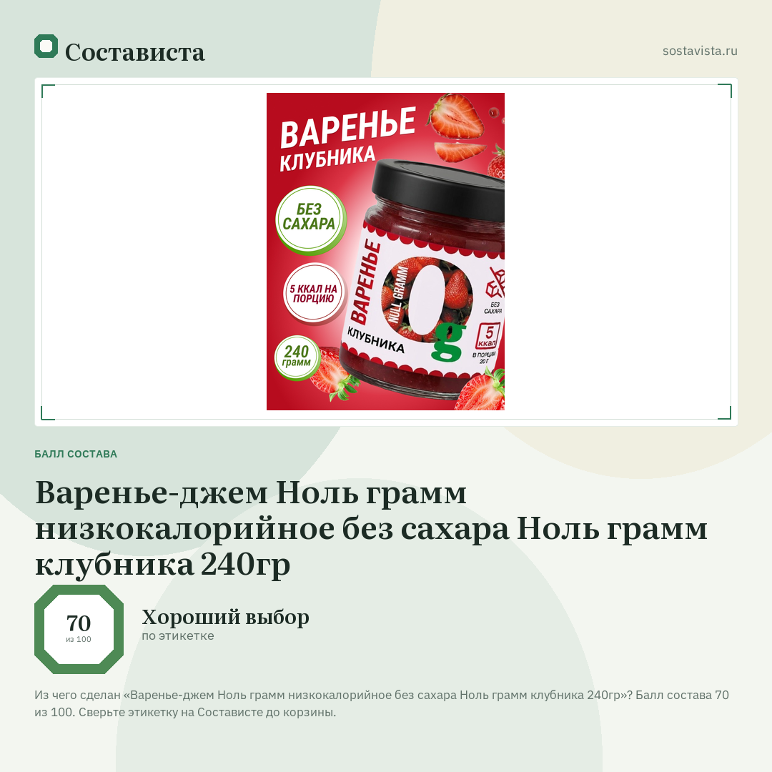 Варенье-джем Ноль грамм низкокалорийное без сахара Ноль грамм клубника 240гр: балл состава 70 из 100 — Состависта