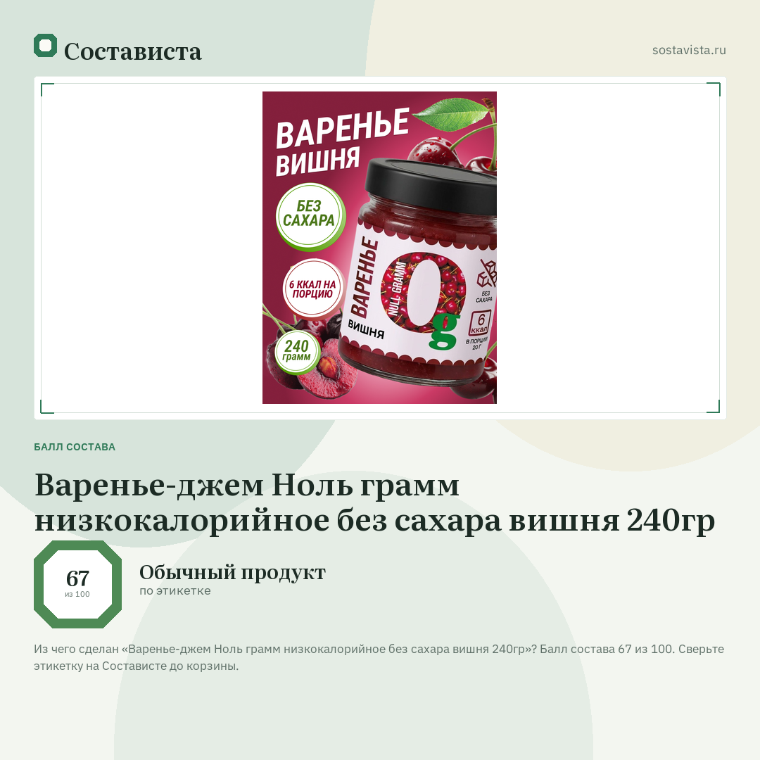 Варенье-джем Ноль грамм низкокалорийное без сахара вишня 240гр: балл состава 67 из 100 — Состависта