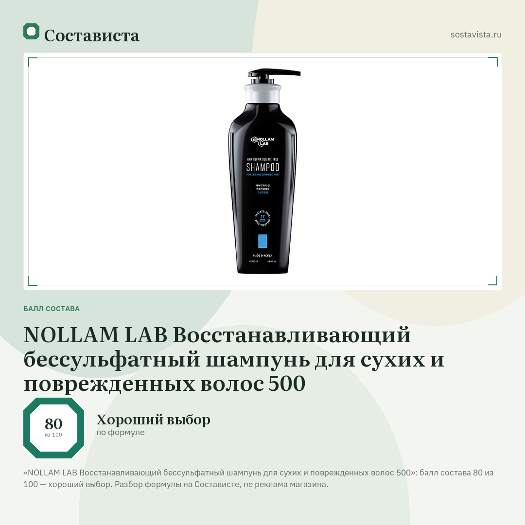 NOLLAM LAB Восстанавливающий бессульфатный шампунь для сухих и поврежденных волос 500: балл состава 80 из 100 — Состависта