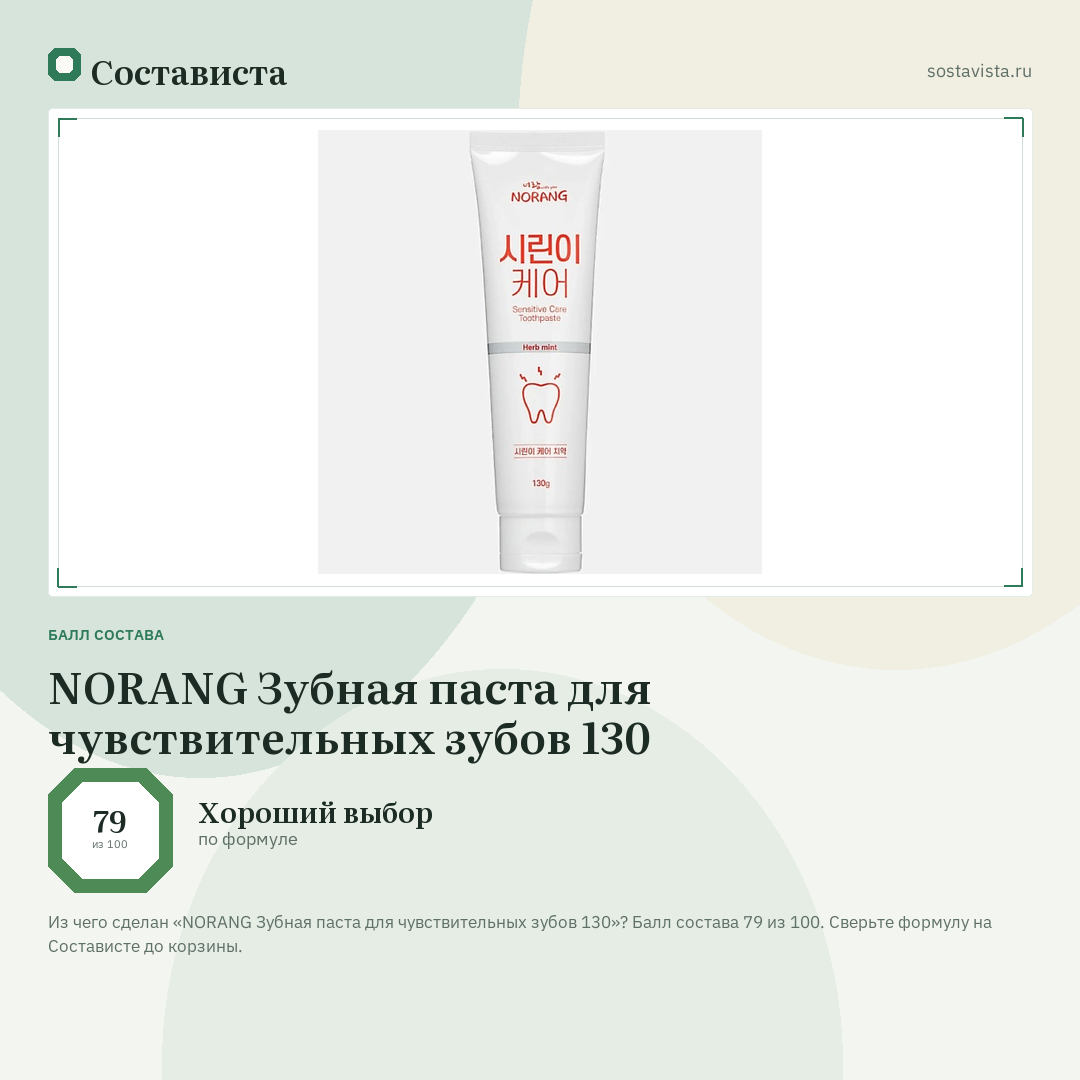 NORANG Зубная паста для чувствительных зубов 130: балл состава 79 из 100 — Состависта