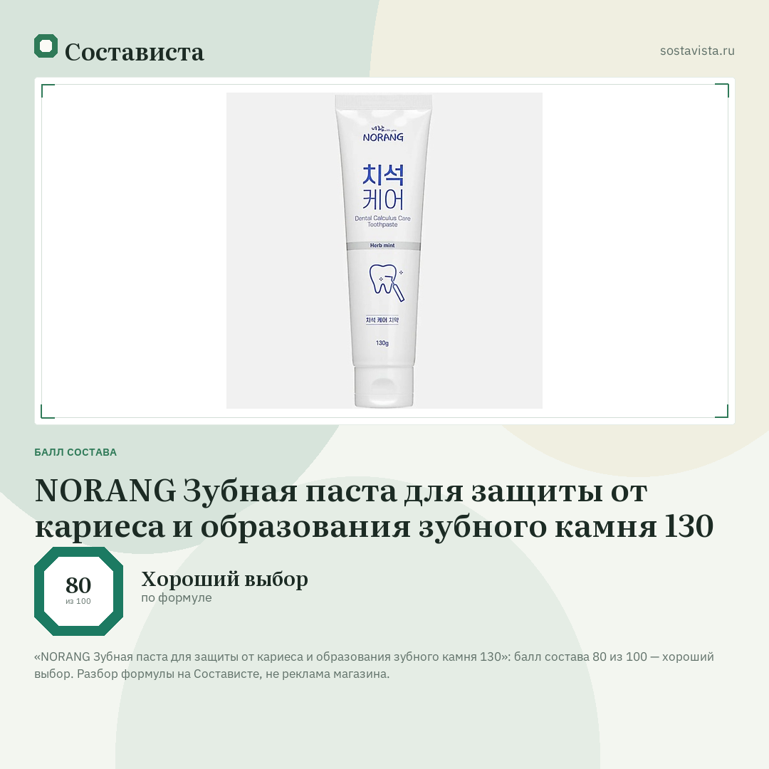 NORANG Зубная паста для защиты от кариеса и образования зубного камня 130: балл состава 80 из 100 — Состависта