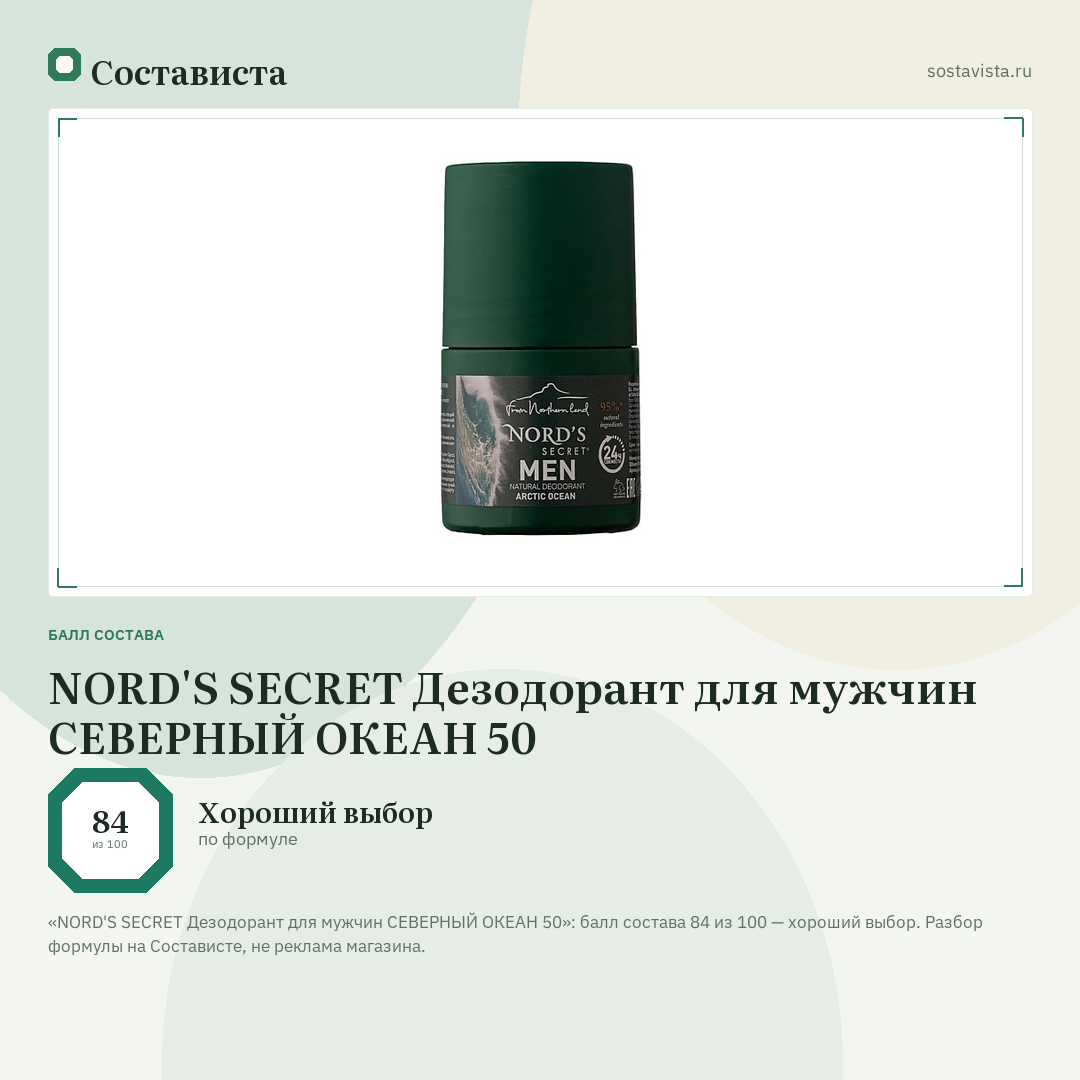 NORD'S SECRET Дезодорант для мужчин СЕВЕРНЫЙ ОКЕАН 50: балл состава 84 из 100 — Состависта