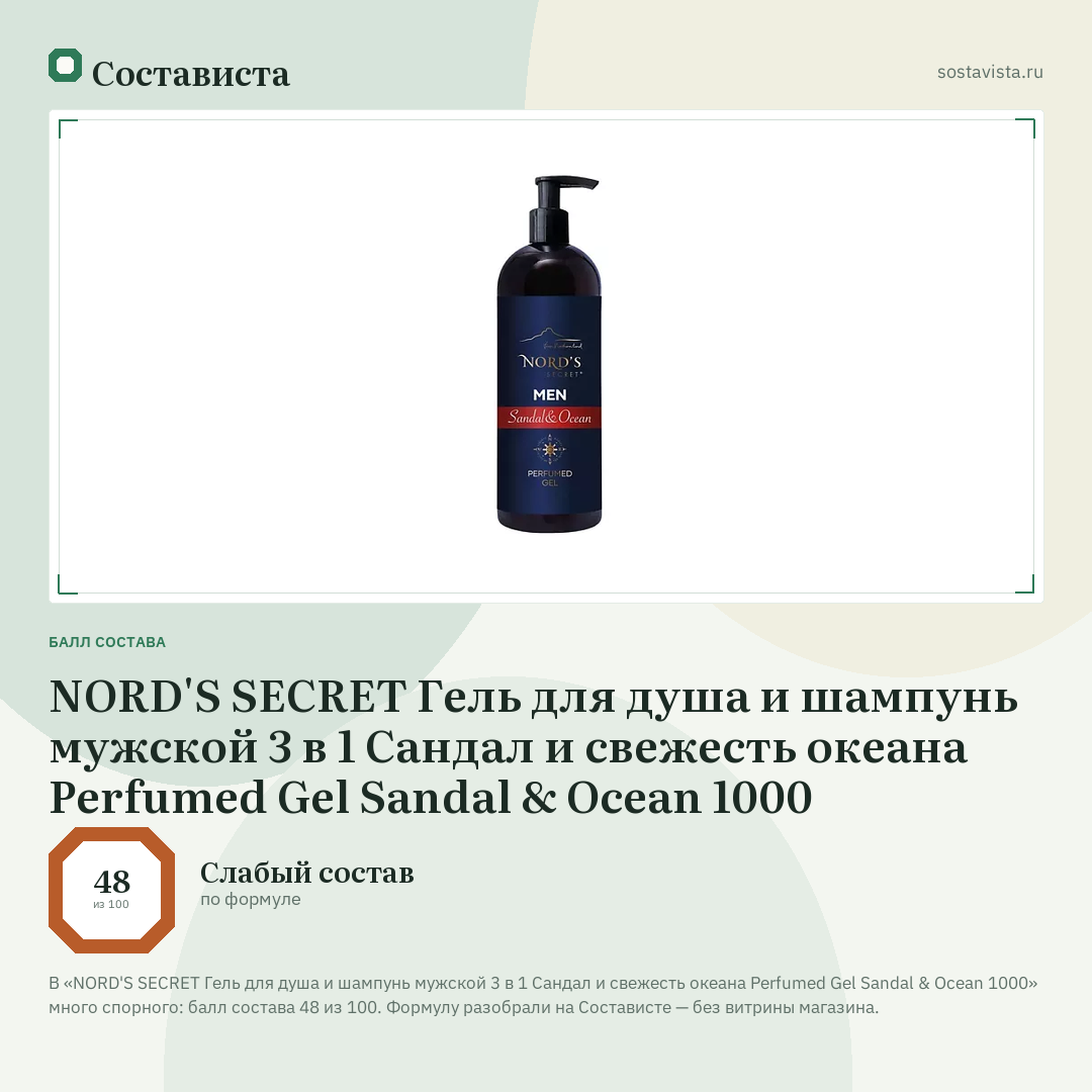 NORD'S SECRET Гель для душа и шампунь мужской 3 в 1 Сандал и свежесть океана Perfumed Gel Sandal & Ocean 1000: балл состава 48 из 100 — Состависта