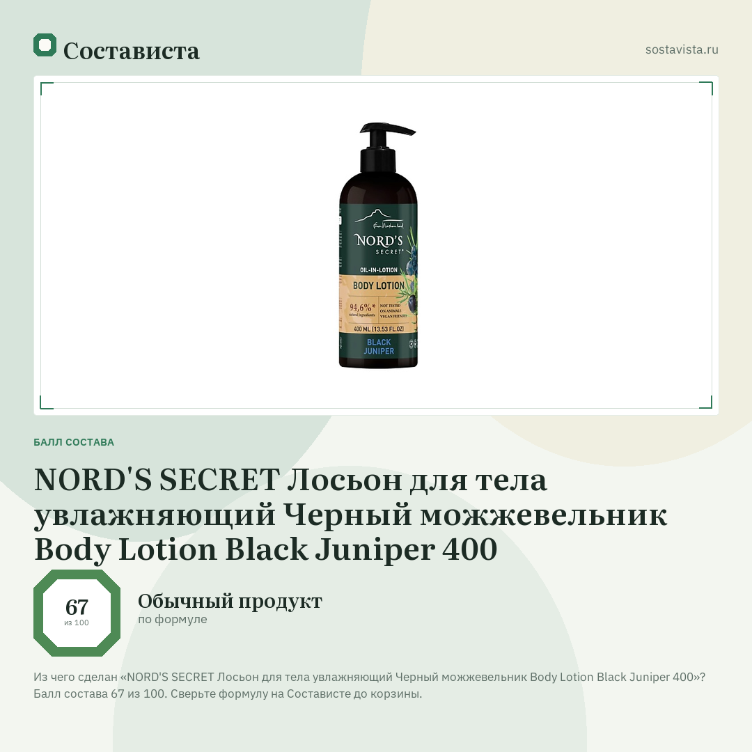 NORD'S SECRET Лосьон для тела увлажняющий Черный можжевельник Body Lotion Black Juniper 400: балл состава 67 из 100 — Состависта