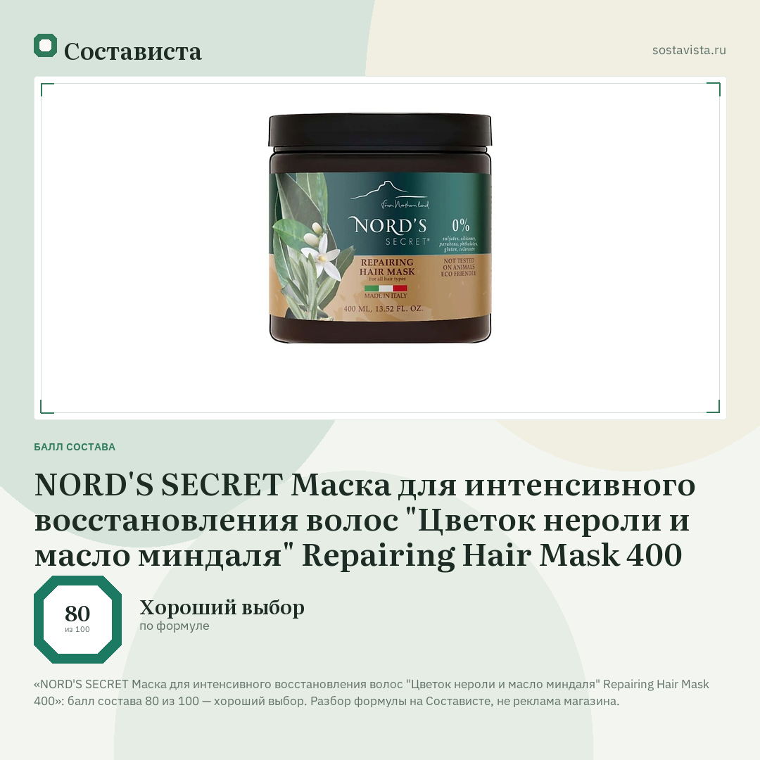 NORD'S SECRET Маска для интенсивного восстановления волос "Цветок нероли и масло миндаля" Repairing Hair Mask 400: балл состава 80 из 100 — Состависта