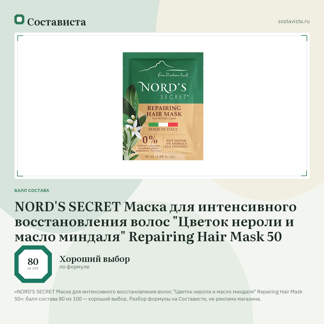NORD'S SECRET Маска для интенсивного восстановления волос "Цветок нероли и масло миндаля" Repairing Hair Mask 50: балл состава 80 из 100 — Состависта