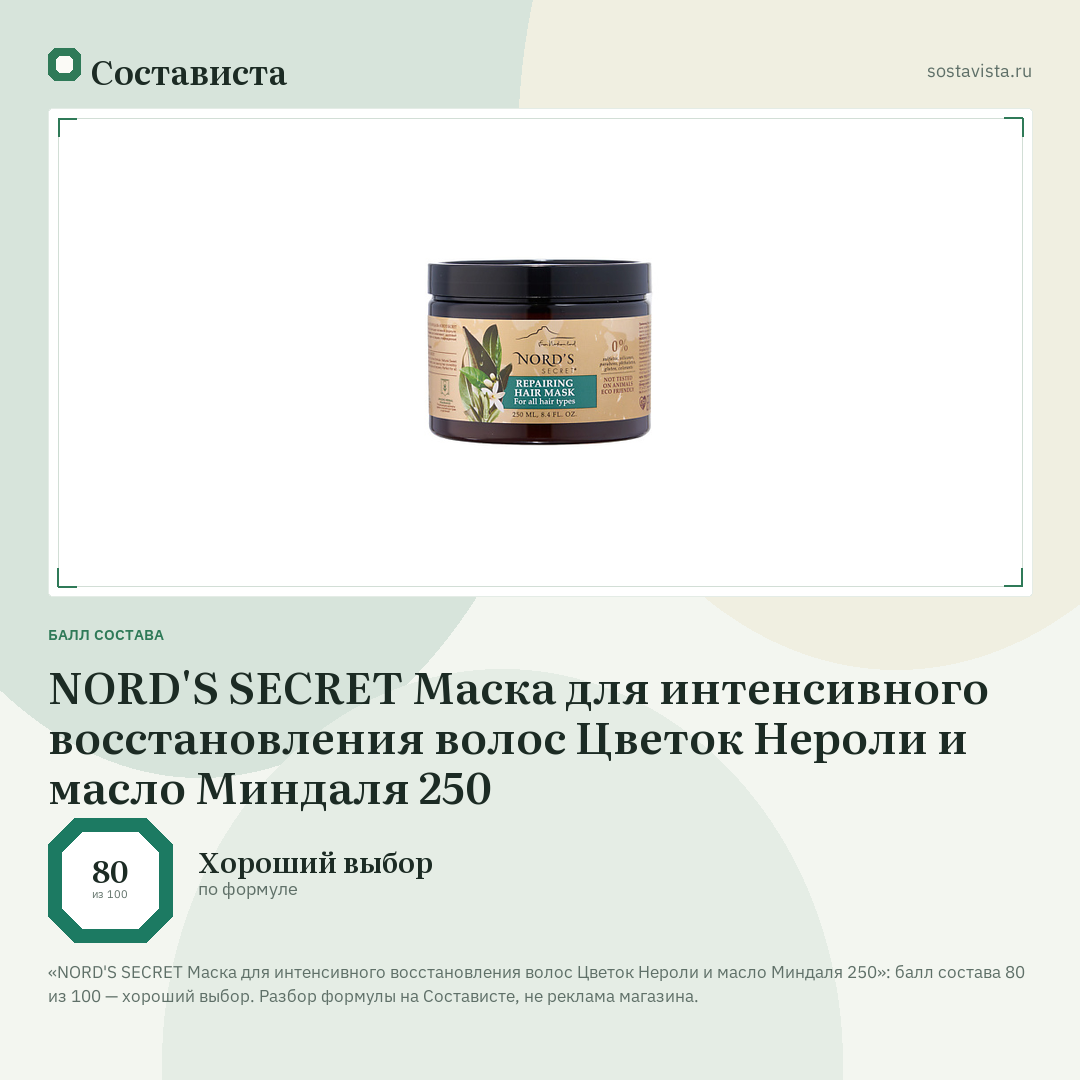 NORD'S SECRET Маска для интенсивного восстановления волос Цветок Нероли и масло Миндаля 250: балл состава 80 из 100 — Состависта