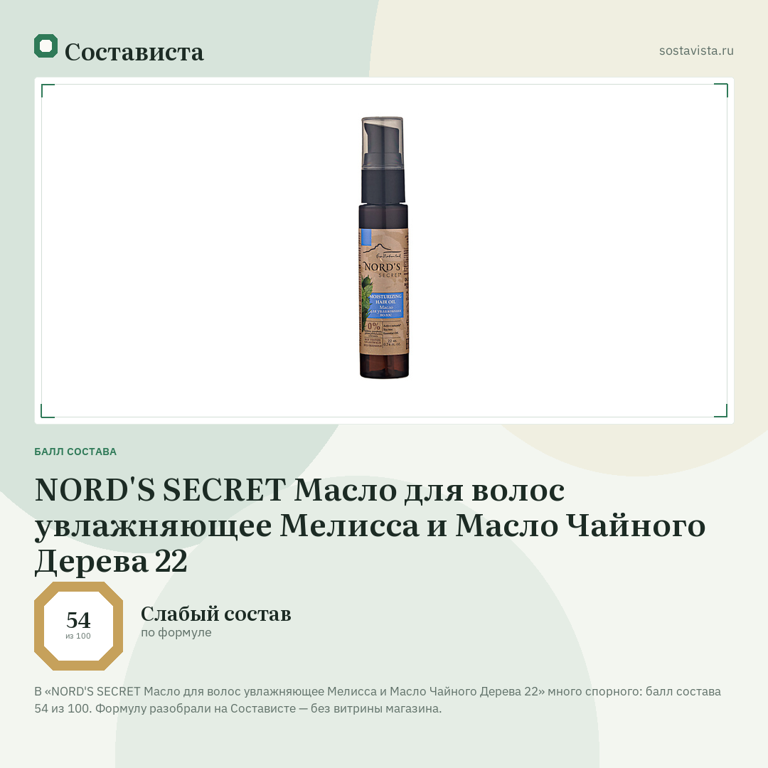 NORD'S SECRET Масло для волос увлажняющее Мелисса и Масло Чайного Дерева 22: балл состава 54 из 100 — Состависта
