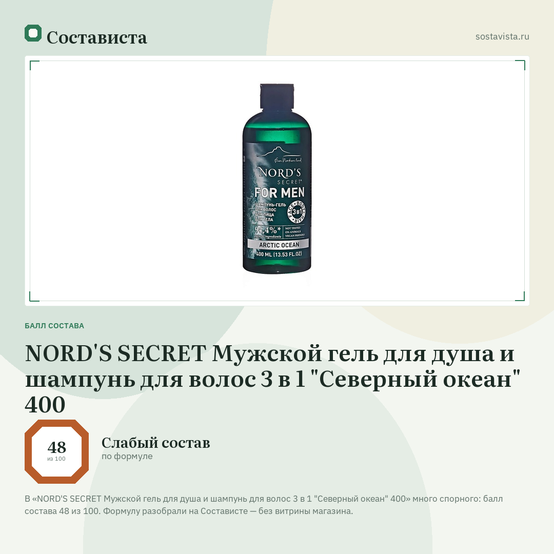 NORD'S SECRET Мужской гель для душа и шампунь для волос 3 в 1 "Северный океан" 400: балл состава 48 из 100 — Состависта