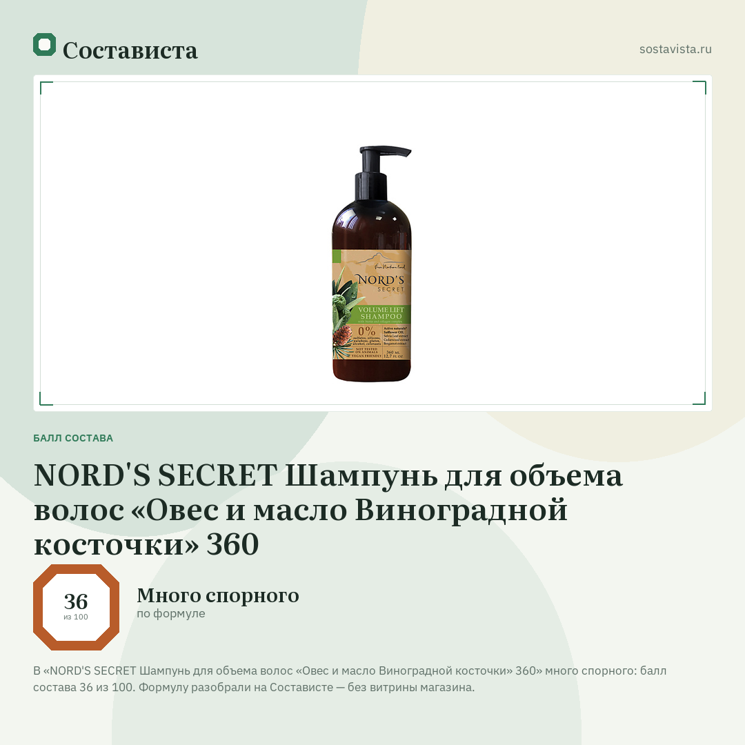 NORD'S SECRET Шампунь для объема волос «Овес и масло Виноградной косточки» 360: балл состава 36 из 100 — Состависта
