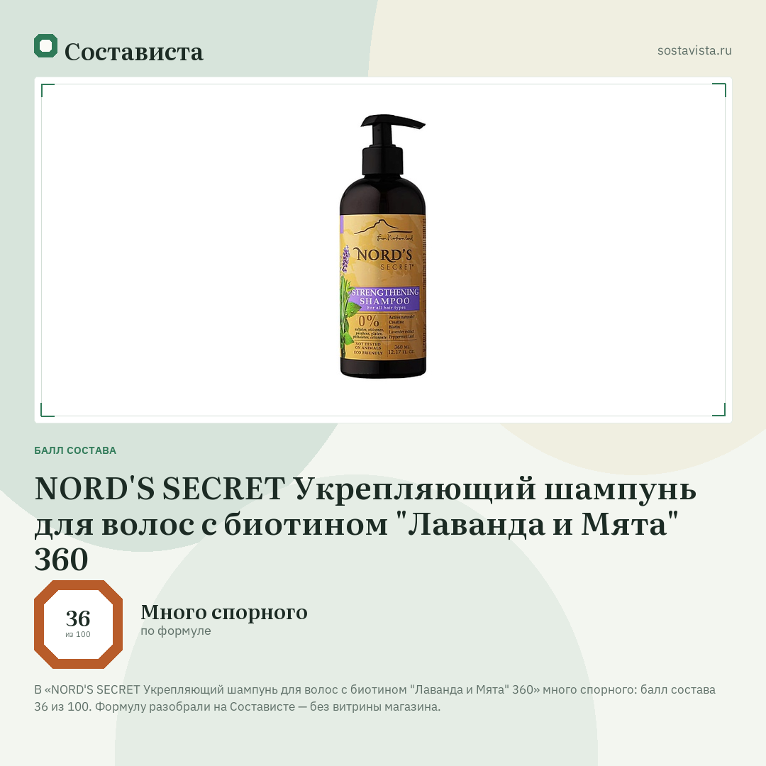 NORD'S SECRET Укрепляющий шампунь для волос с биотином "Лаванда и Мята" 360: балл состава 36 из 100 — Состависта