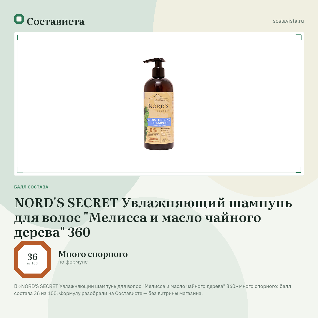 NORD'S SECRET Увлажняющий шампунь для волос "Мелисса и масло чайного дерева" 360: балл состава 36 из 100 — Состависта
