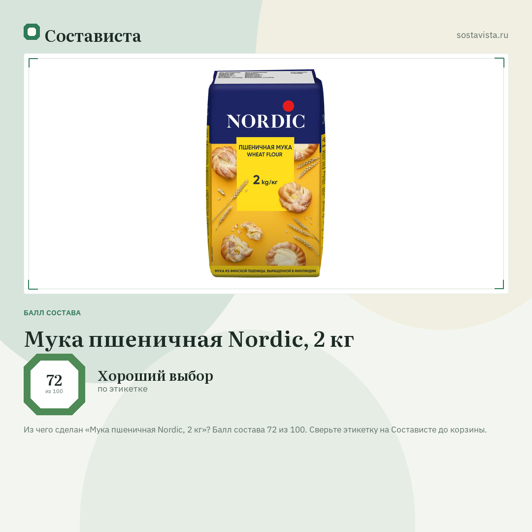 Мука пшеничная Nordic, 2 кг: балл состава 72 из 100 — Состависта
