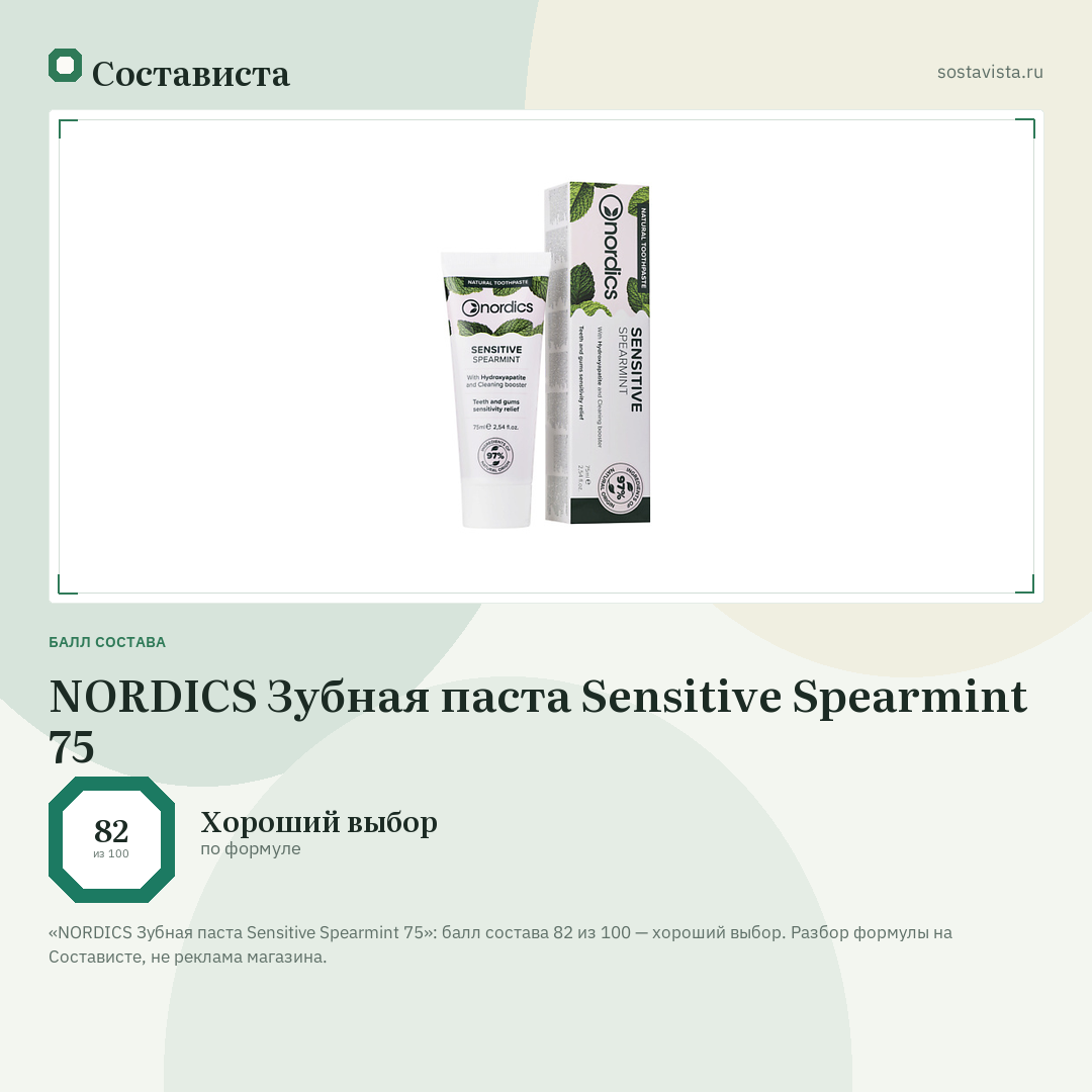 NORDICS Зубная паста Sensitive Spearmint 75: балл состава 82 из 100 — Состависта