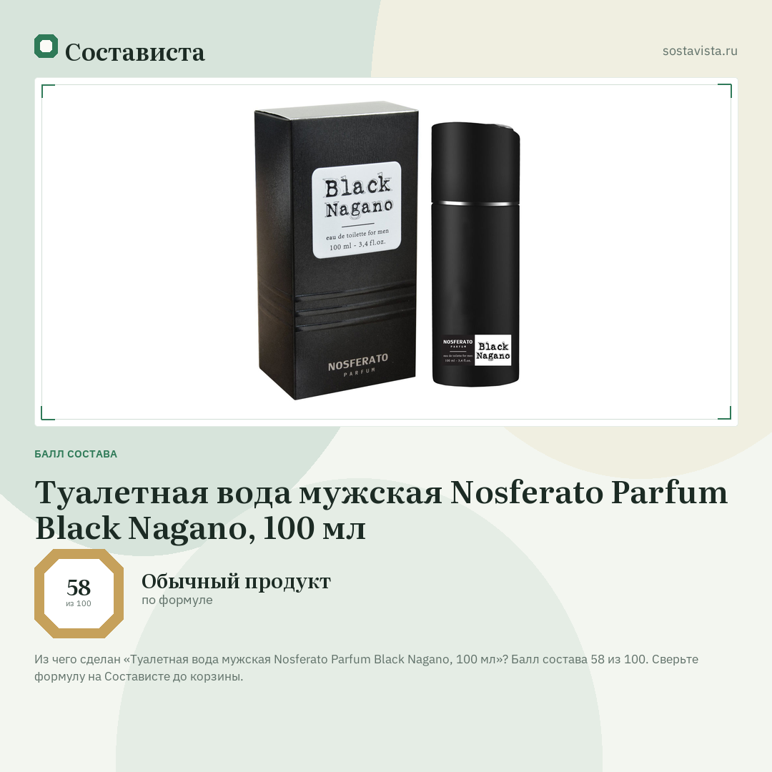 Туалетная вода мужская Nosferato Parfum Black Nagano, 100 мл: балл состава 58 из 100 — Состависта