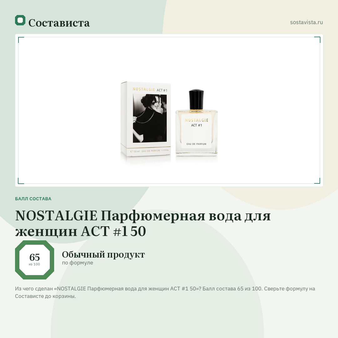 NOSTALGIE Парфюмерная вода для женщин АСТ #1 50: балл состава 65 из 100 — Состависта