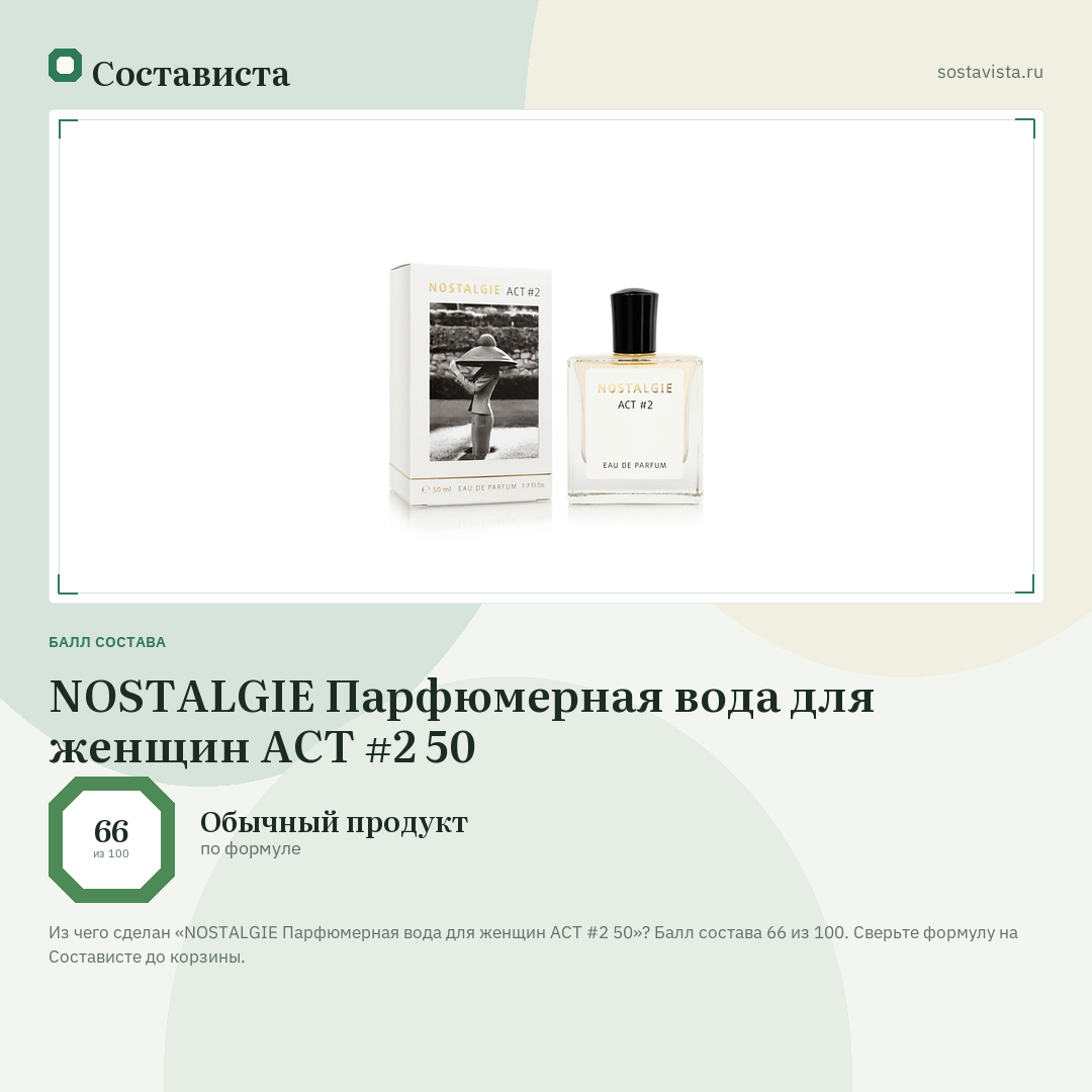 NOSTALGIE Парфюмерная вода для женщин АСТ #2 50: балл состава 66 из 100 — Состависта