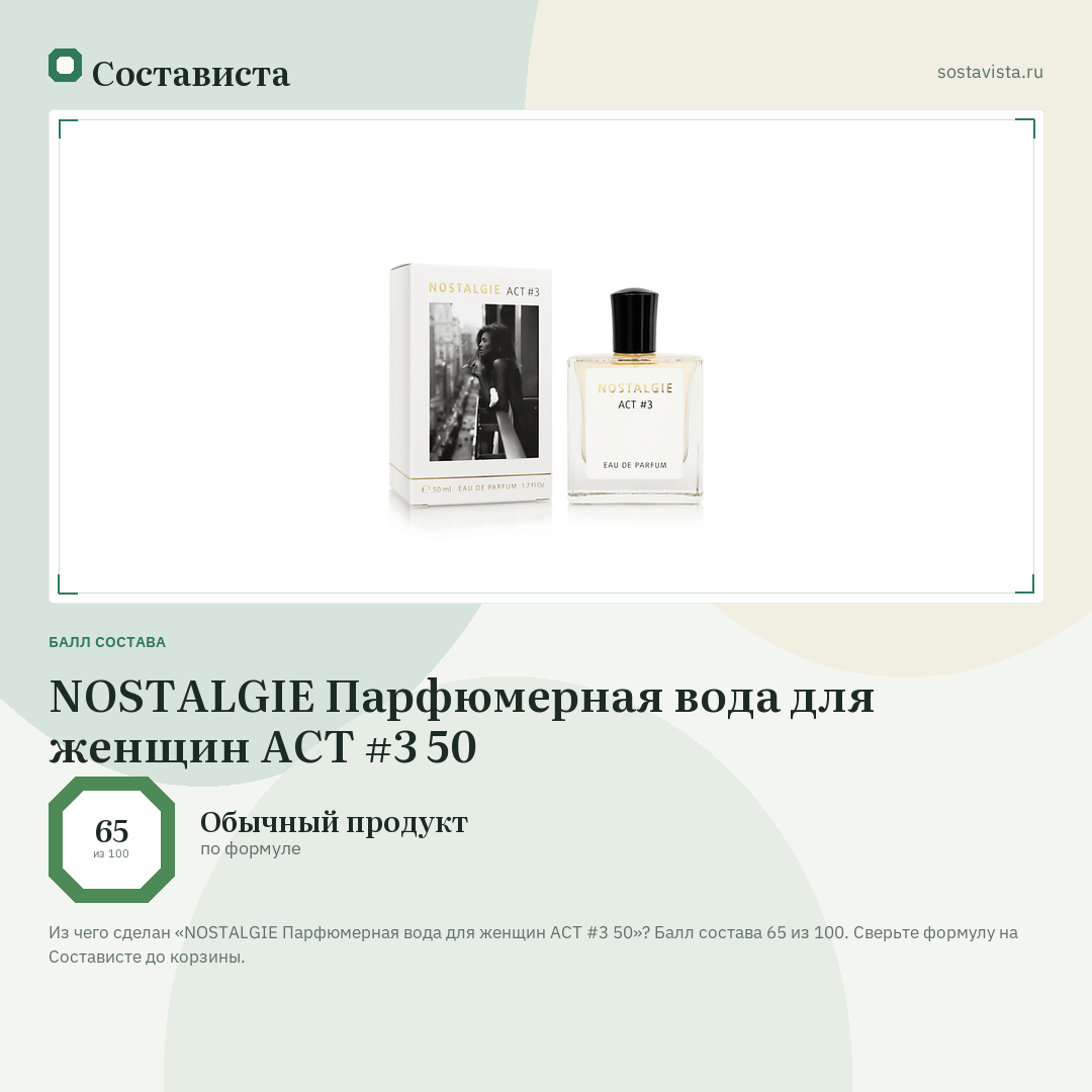 NOSTALGIE Парфюмерная вода для женщин АСТ #3 50: балл состава 65 из 100 — Состависта