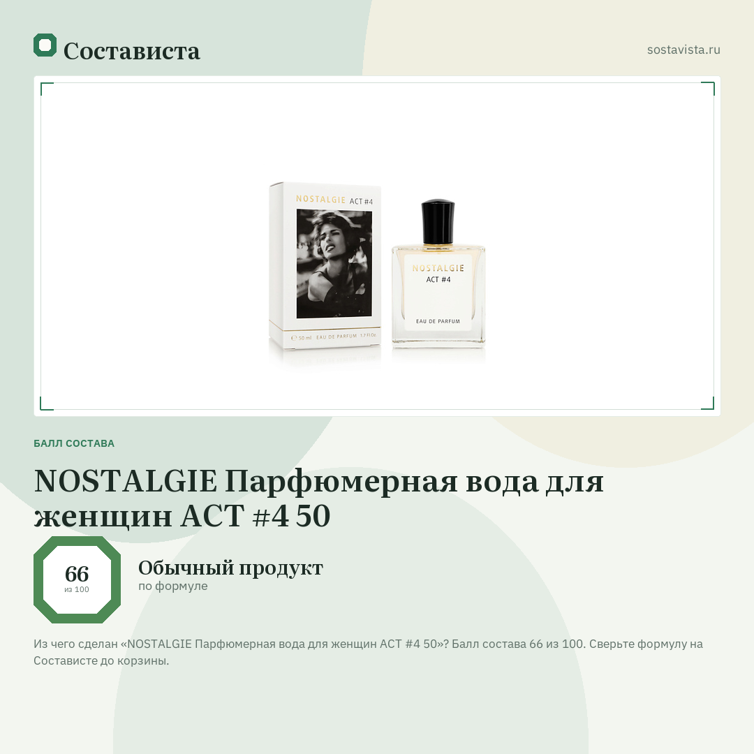 NOSTALGIE Парфюмерная вода для женщин АСТ #4 50: балл состава 66 из 100 — Состависта