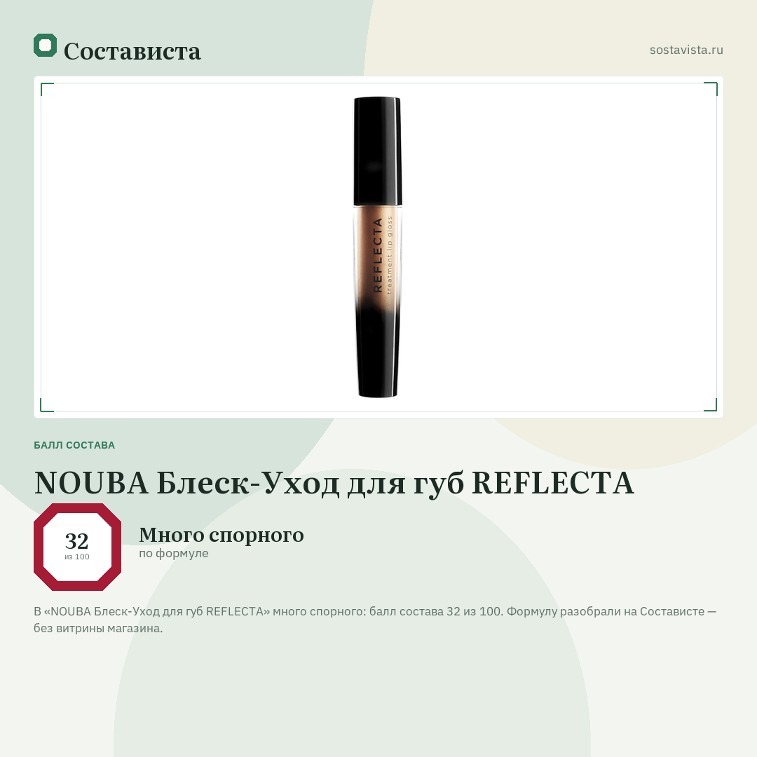 NOUBA Блеск-Уход для губ REFLECTA: балл состава 32 из 100 — Состависта