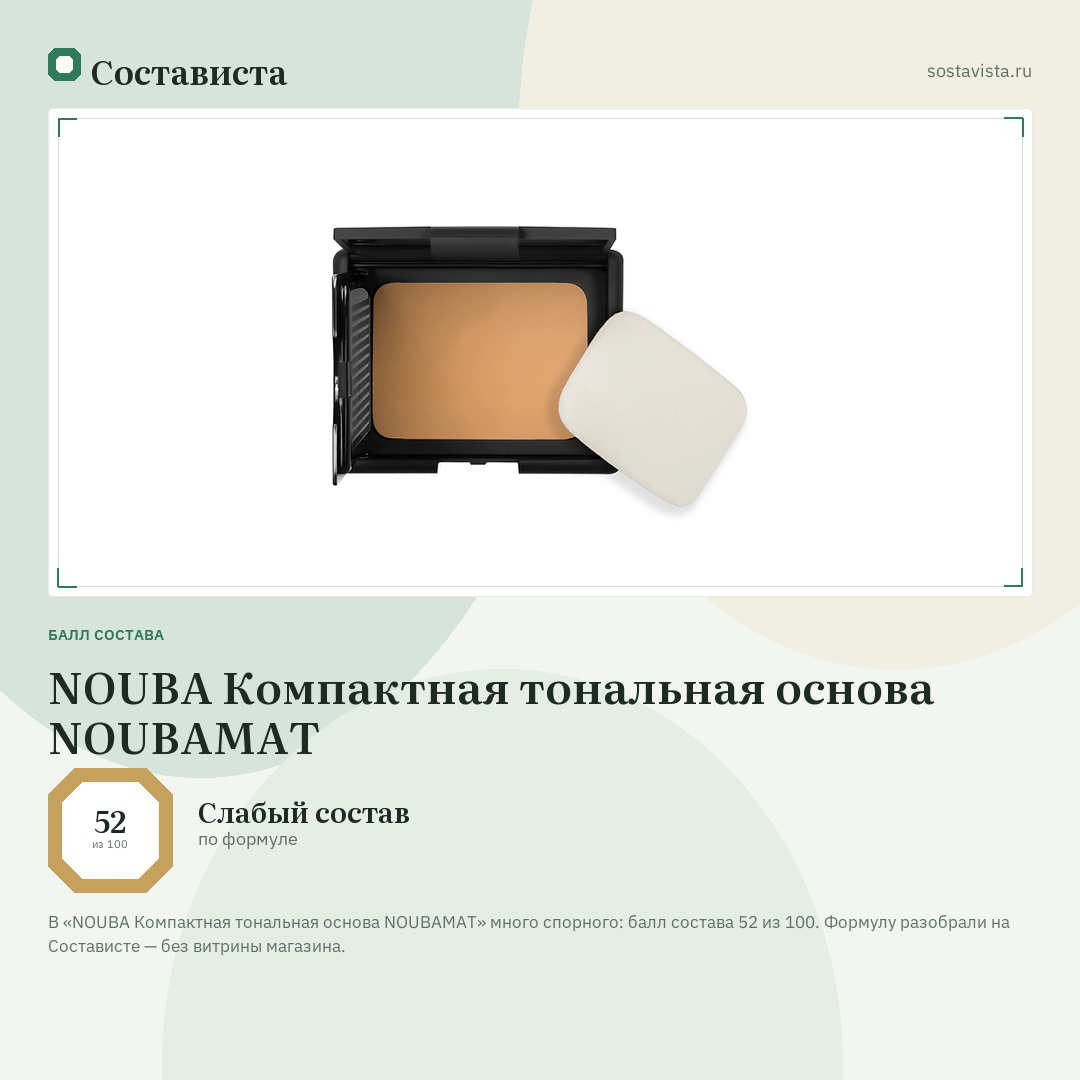 NOUBA Компактная тональная основа NOUBAMAT: балл состава 52 из 100 — Состависта