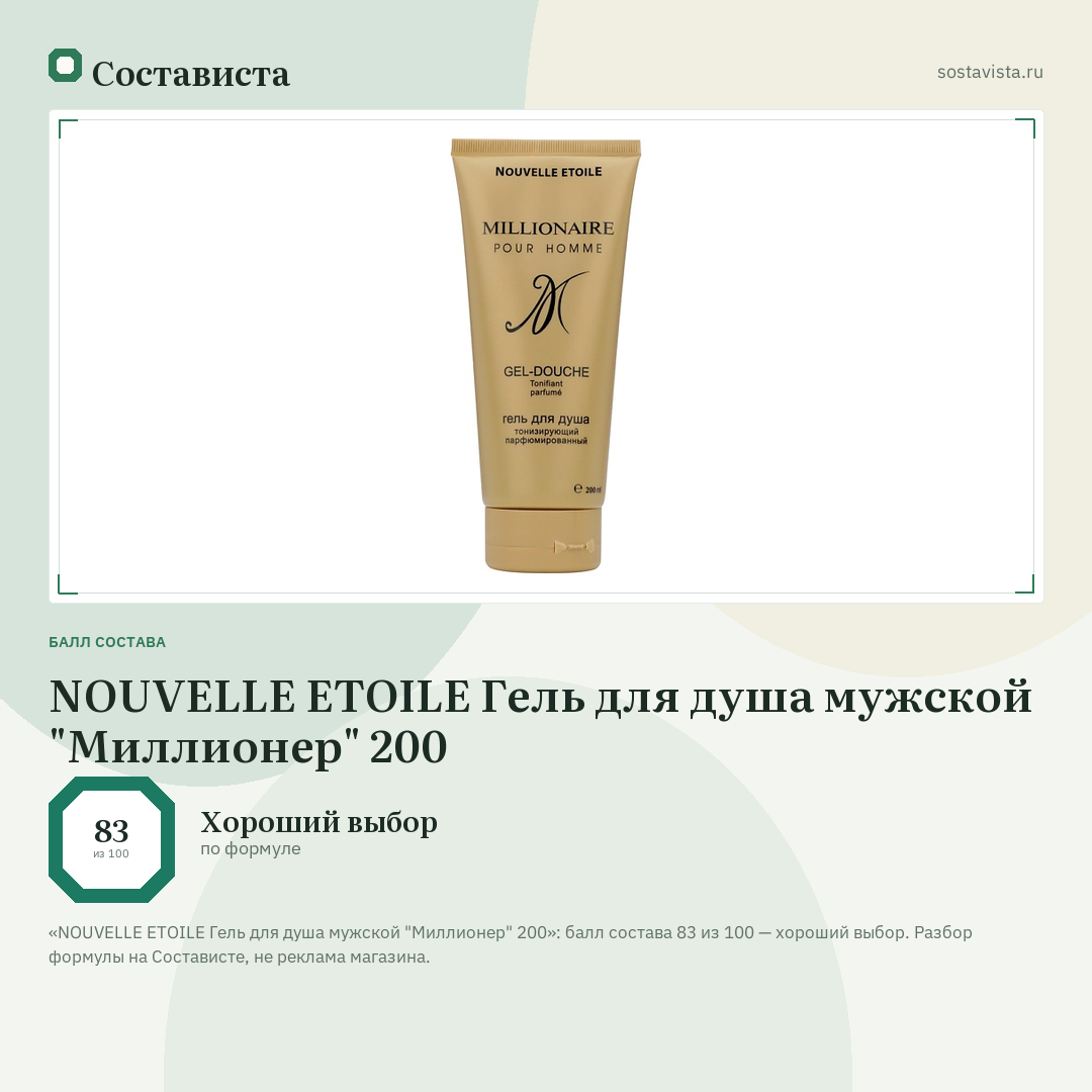 NOUVELLE ETOILE Гель для душа мужской "Миллионер" 200: балл состава 83 из 100 — Состависта
