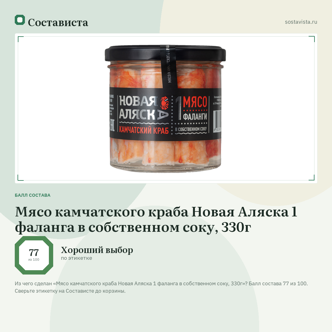 Мясо камчатского краба Новая Аляска 1 фаланга в собственном соку, 330г: балл состава 77 из 100 — Состависта