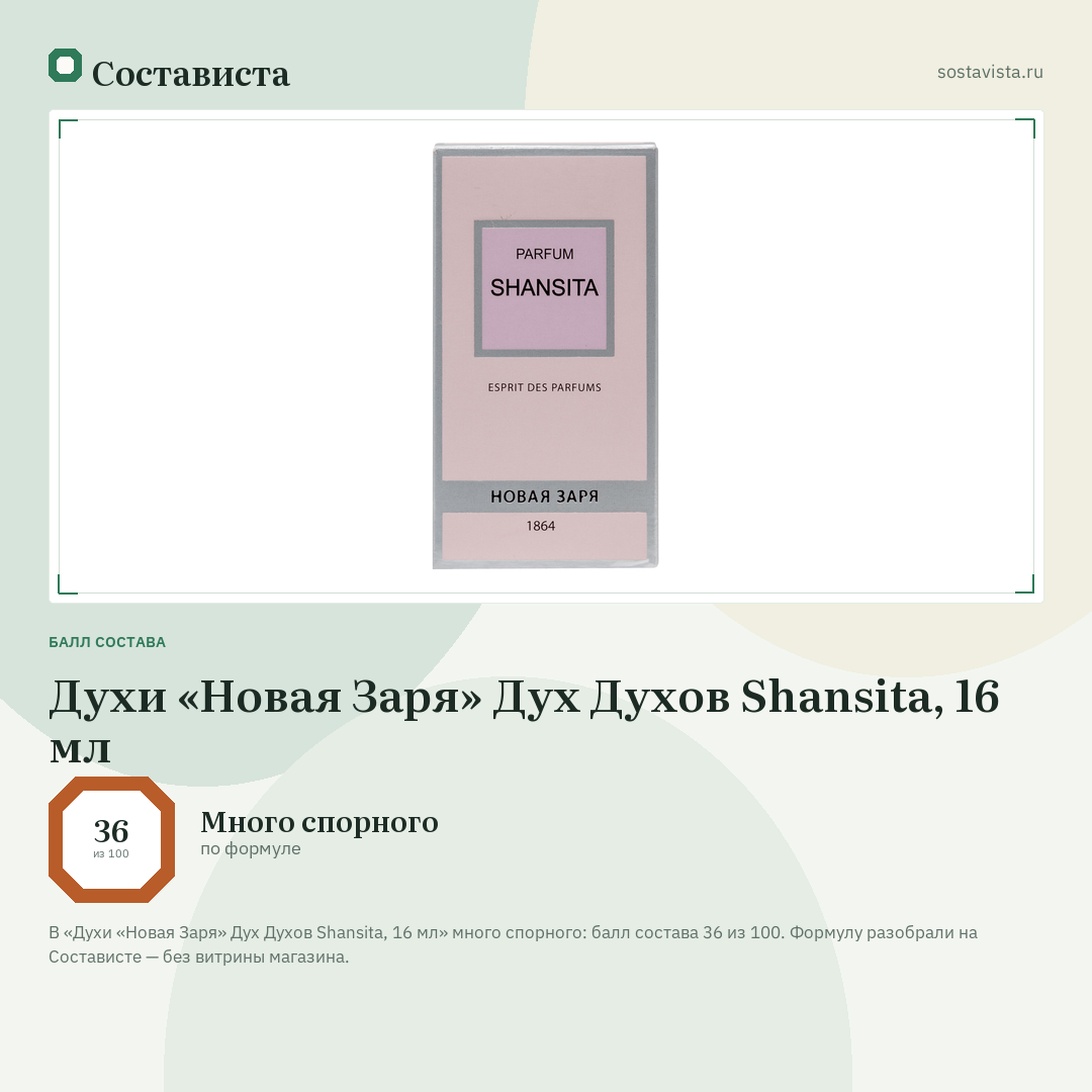 Духи «Новая Заря» Дух Духов Shansita, 16 мл: балл состава 36 из 100 — Состависта