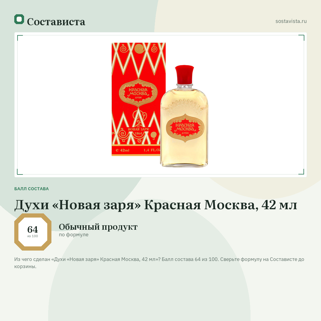 Духи «Новая заря» Красная Москва, 42 мл: балл состава 64 из 100 — Состависта