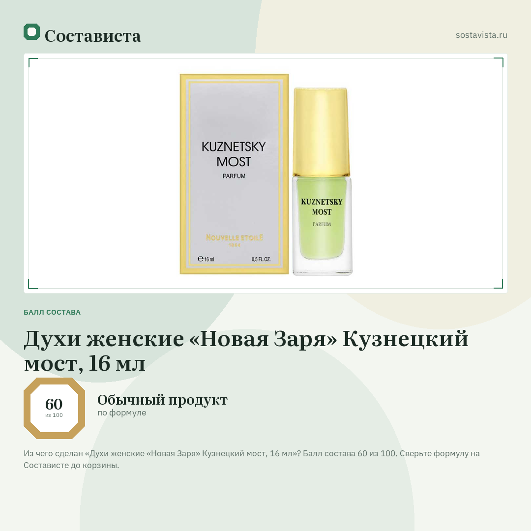 Духи женские «Новая Заря» Кузнецкий мост, 16 мл: балл состава 60 из 100 — Состависта