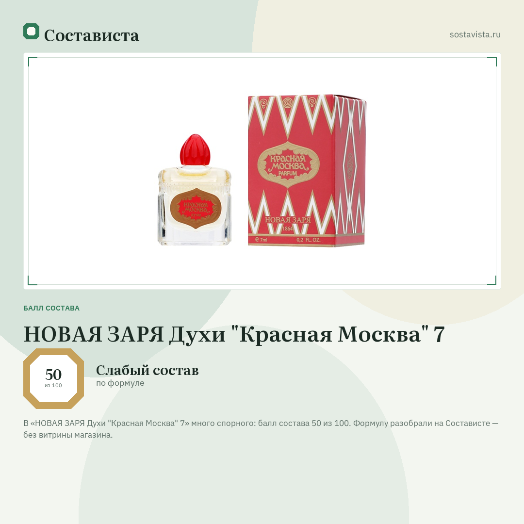 НОВАЯ ЗАРЯ Духи "Красная Москва" 7: балл состава 50 из 100 — Состависта