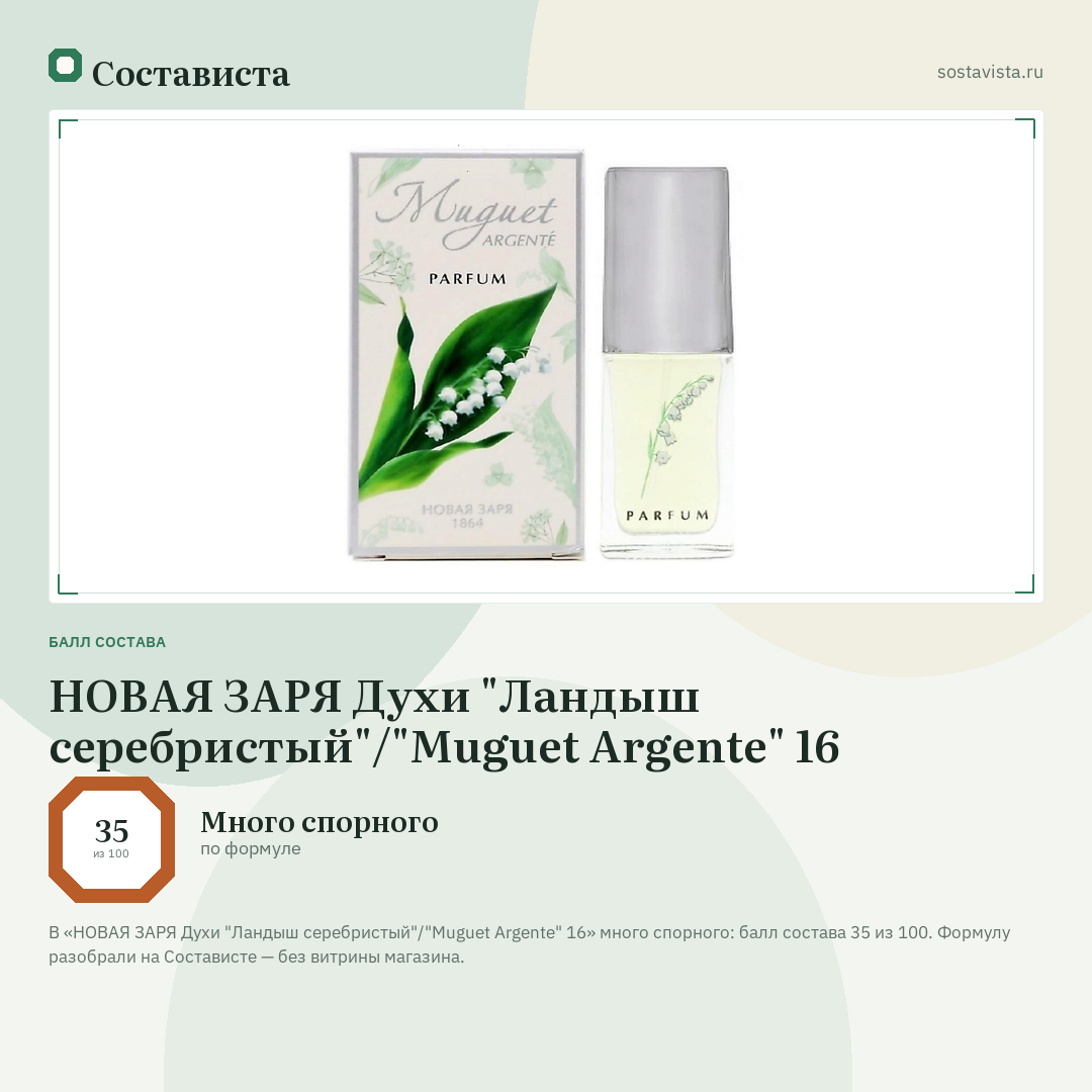 НОВАЯ ЗАРЯ Духи "Ландыш серебристый"/"Muguet Argente" 16: балл состава 35 из 100 — Состависта