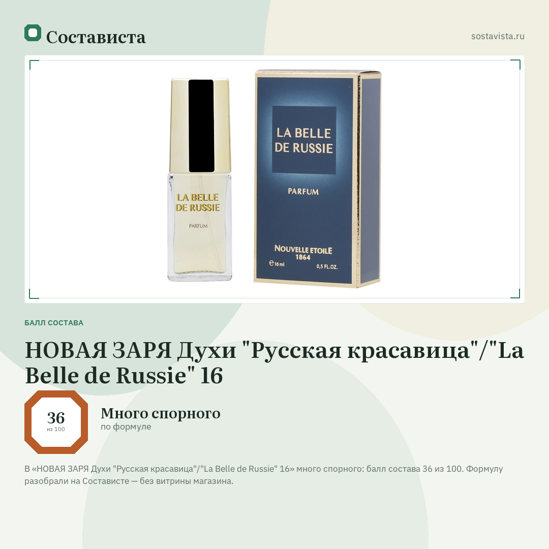 НОВАЯ ЗАРЯ Духи "Русская красавица"/"La Belle de Russie" 16: балл состава 36 из 100 — Состависта