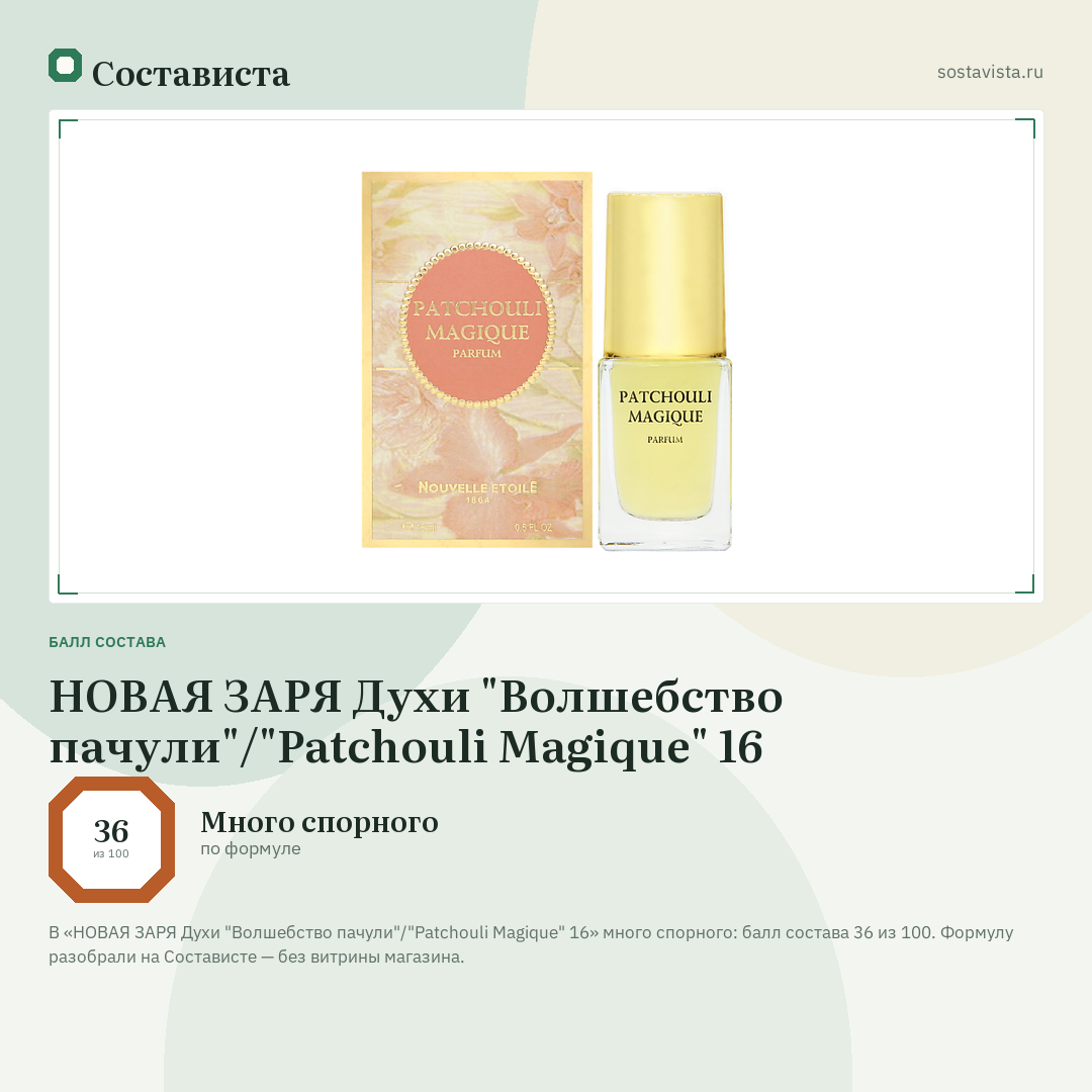 НОВАЯ ЗАРЯ Духи "Волшебство пачули"/"Patchouli Magique" 16: балл состава 36 из 100 — Состависта