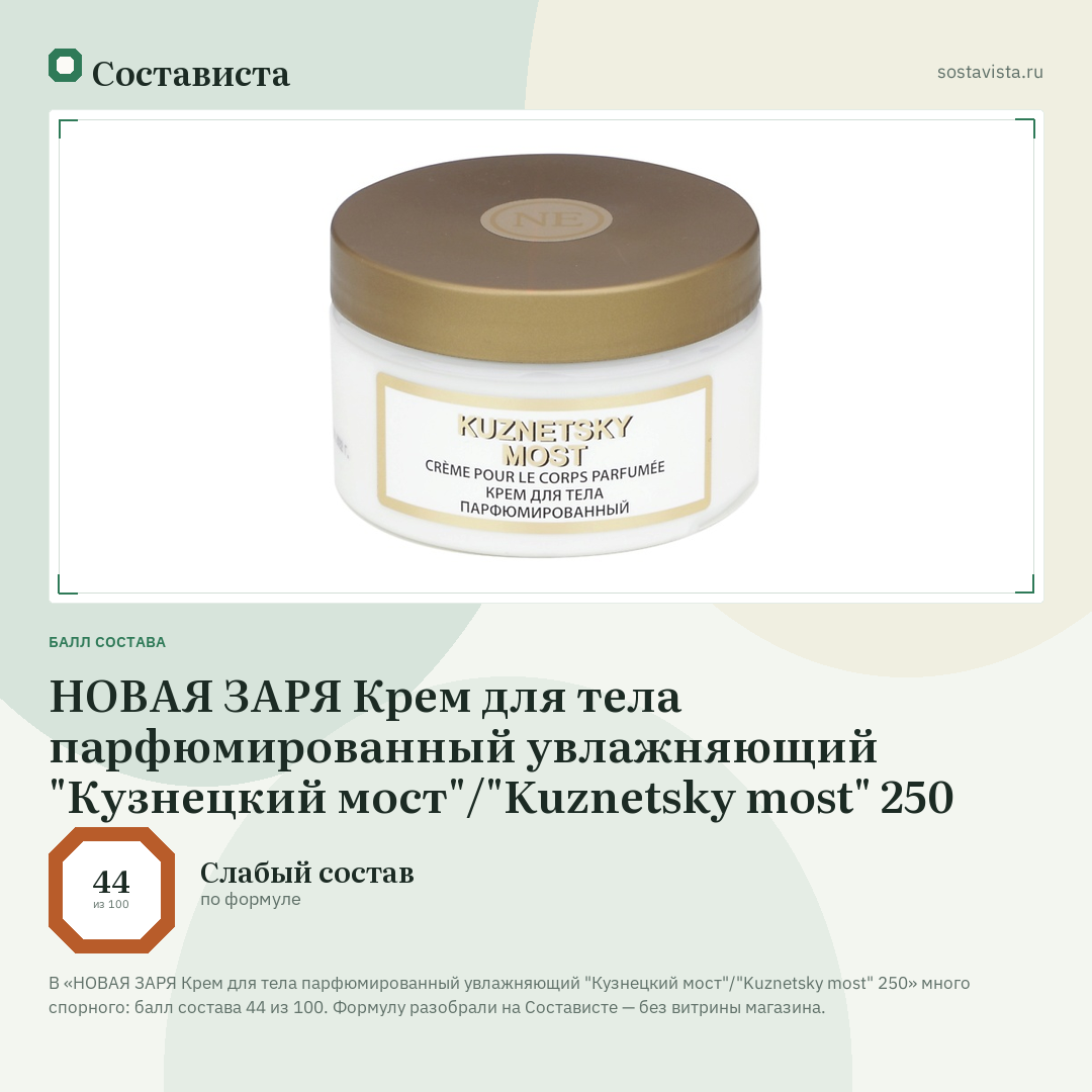 НОВАЯ ЗАРЯ Крем для тела парфюмированный увлажняющий "Кузнецкий мост"/"Kuznetsky most" 250: балл состава 44 из 100 — Состависта
