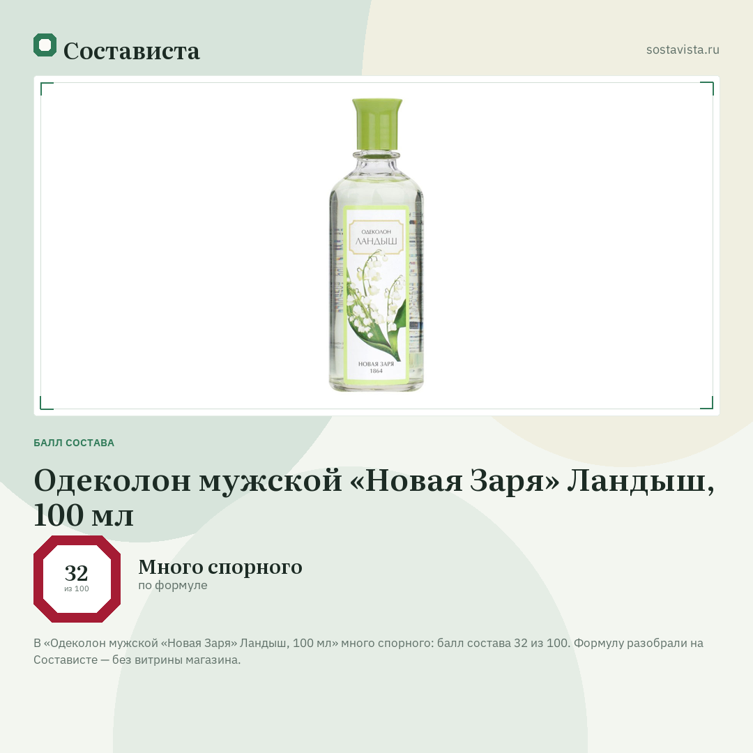 Одеколон мужской «Новая Заря» Ландыш, 100 мл: балл состава 32 из 100 — Состависта