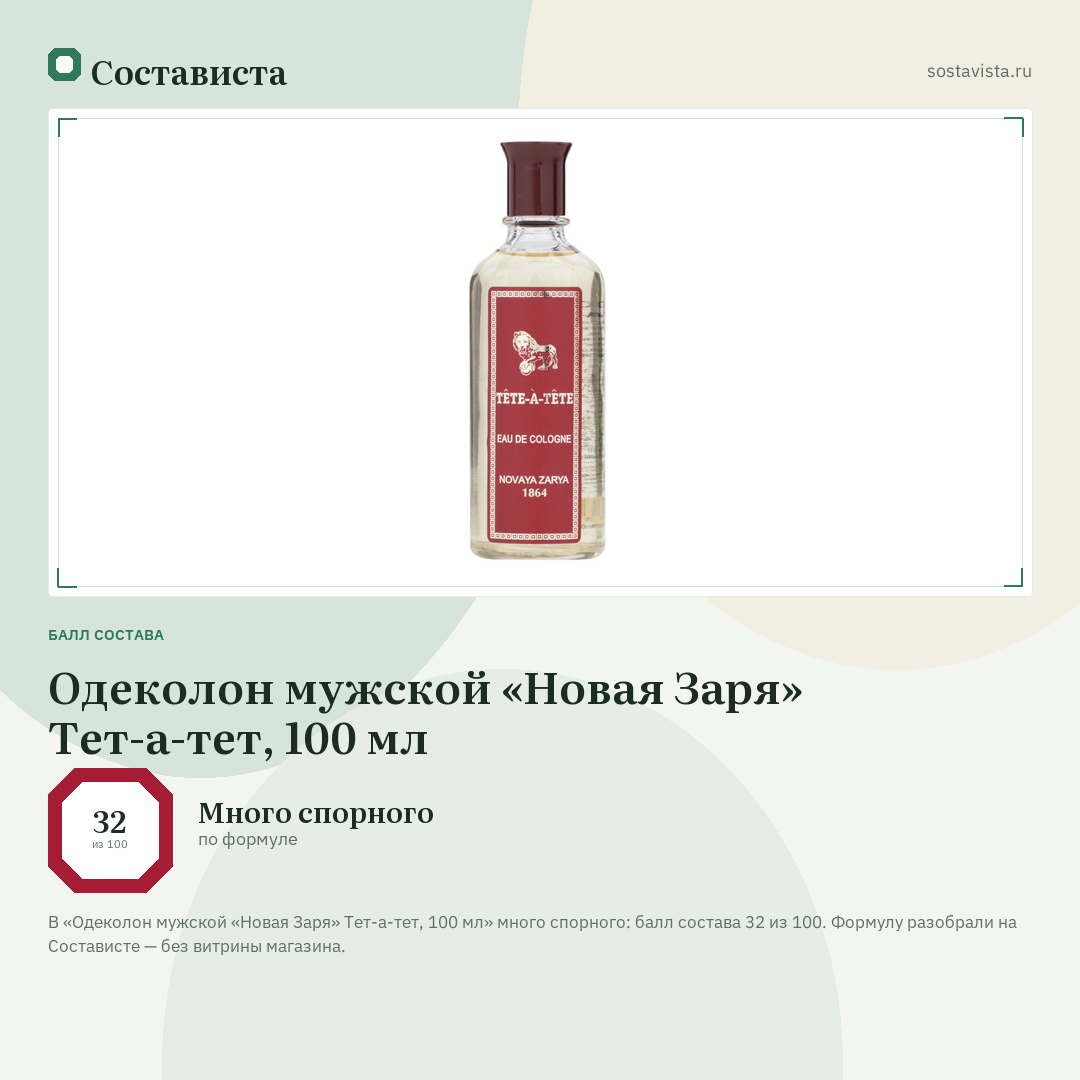 Одеколон мужской «Новая Заря» Тет-а-тет, 100 мл: балл состава 32 из 100 — Состависта