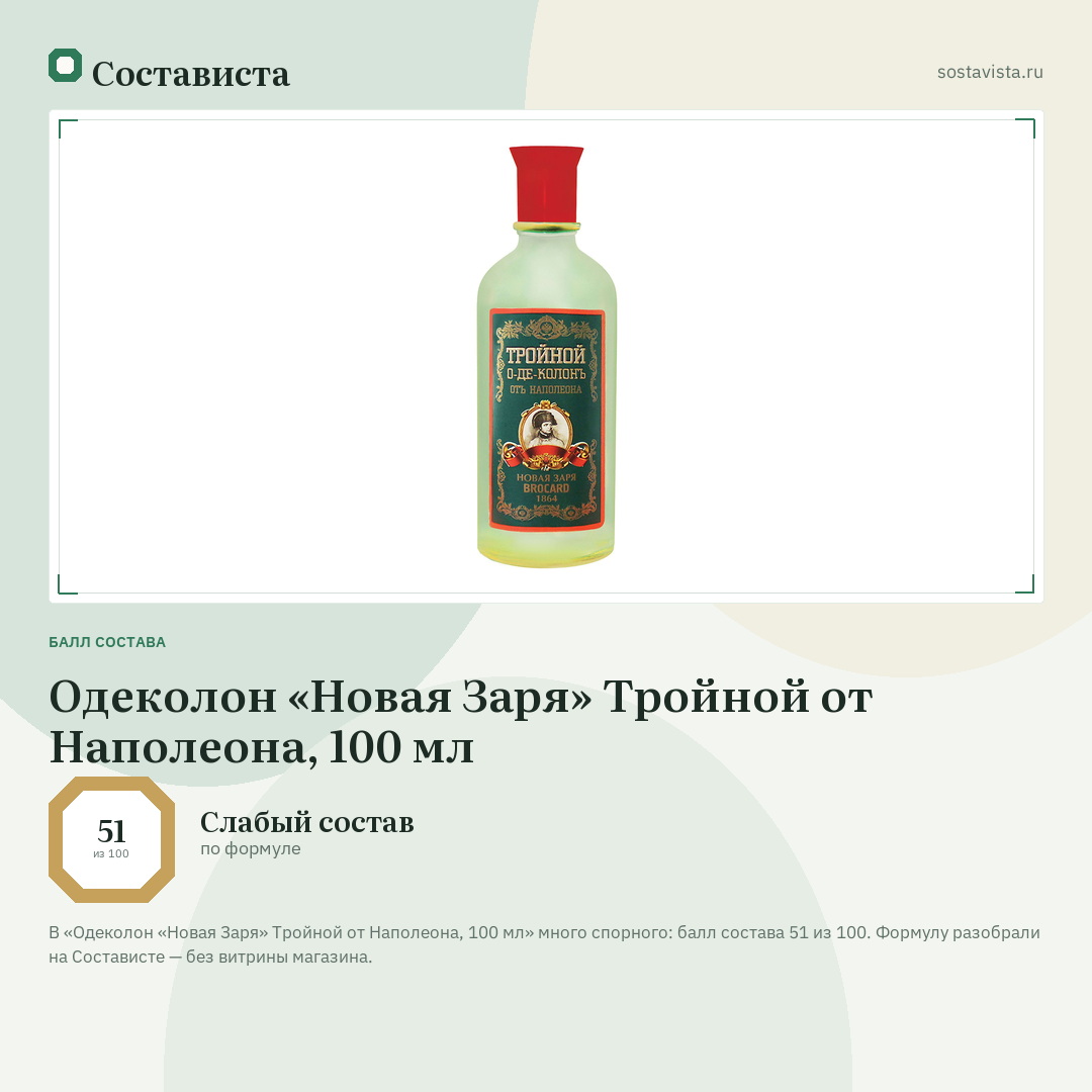Одеколон «Новая Заря» Тройной от Наполеона, 100 мл: балл состава 51 из 100 — Состависта