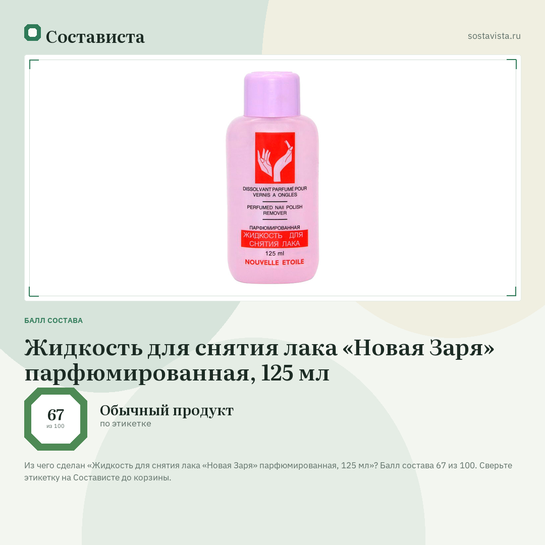 Жидкость для снятия лака «Новая Заря» парфюмированная, 125 мл: балл состава 67 из 100 — Состависта
