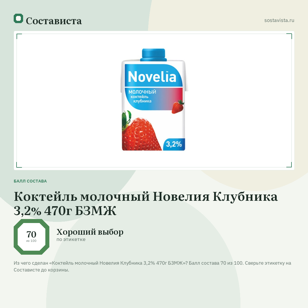 Коктейль молочный Новелия Клубника 3,2% 470г БЗМЖ: балл состава 70 из 100 — Состависта