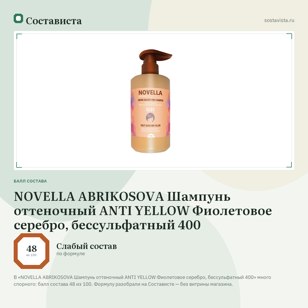 NOVELLA ABRIKOSOVA Шампунь оттеночный ANTI YELLOW Фиолетовое серебро, бессульфатный 400: балл состава 48 из 100 — Состависта