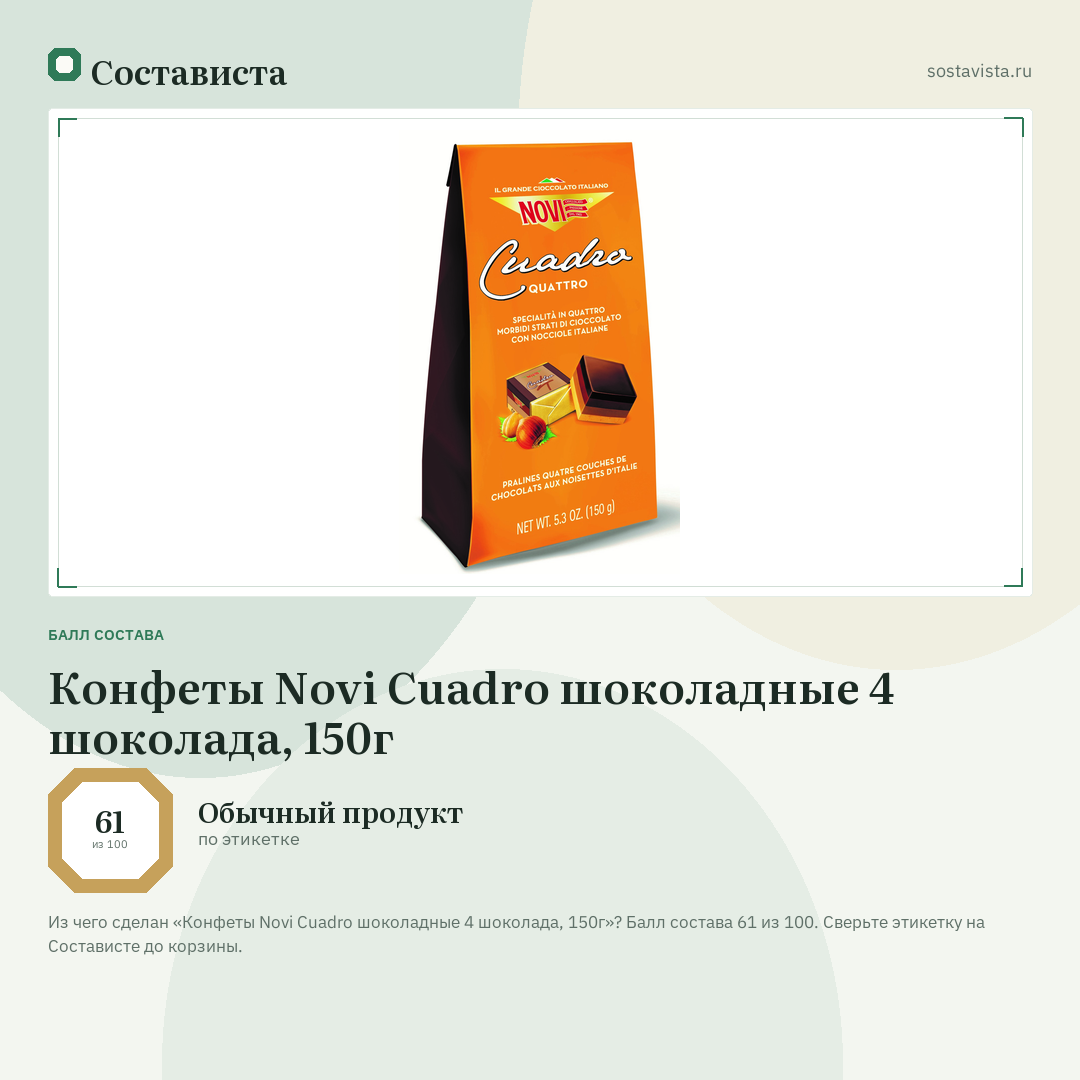 Конфеты Novi Cuadro шоколадные 4 шоколада, 150г: балл состава 61 из 100 — Состависта