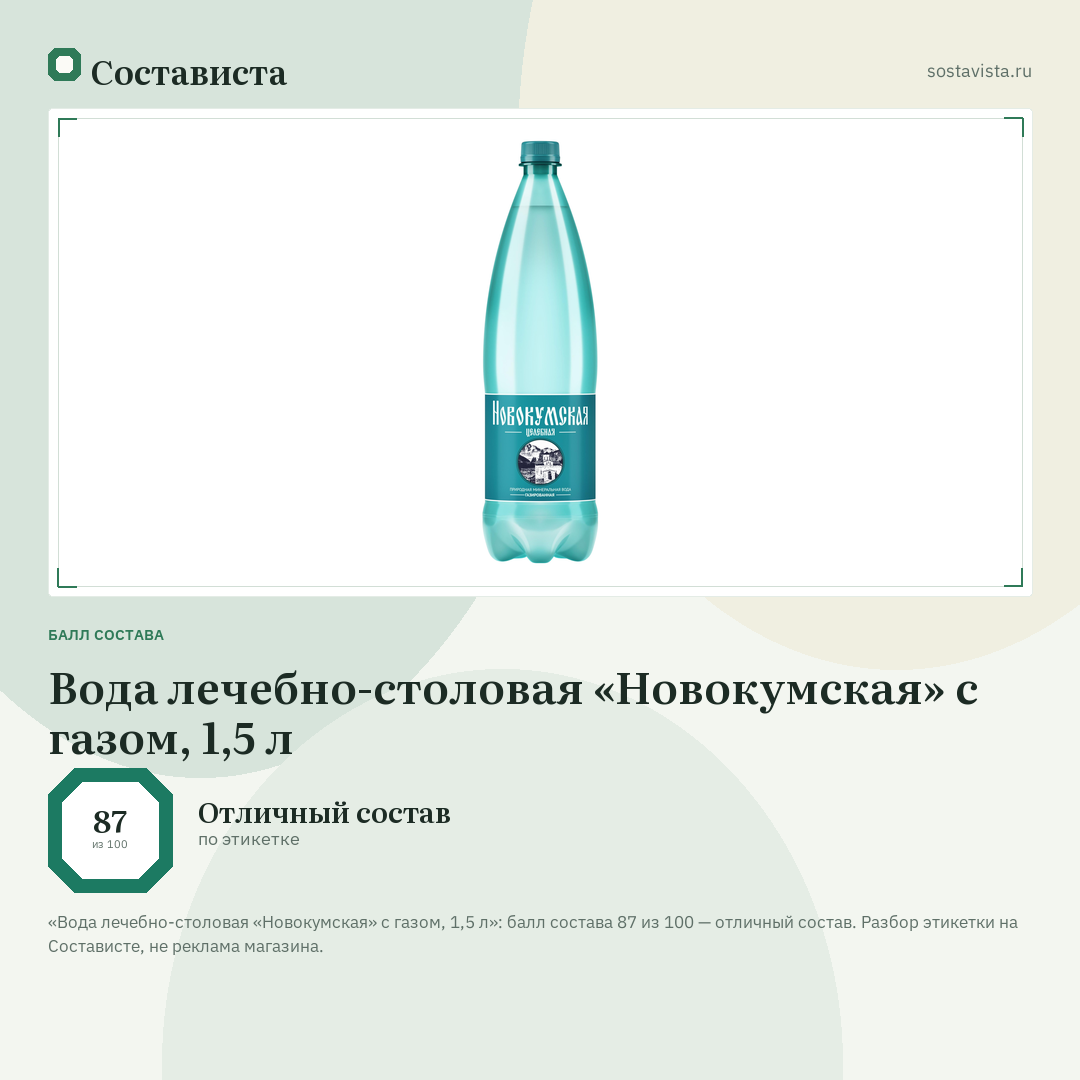 Вода лечебно-столовая «Новокумская» с газом, 1,5 л: балл состава 87 из 100 — Состависта