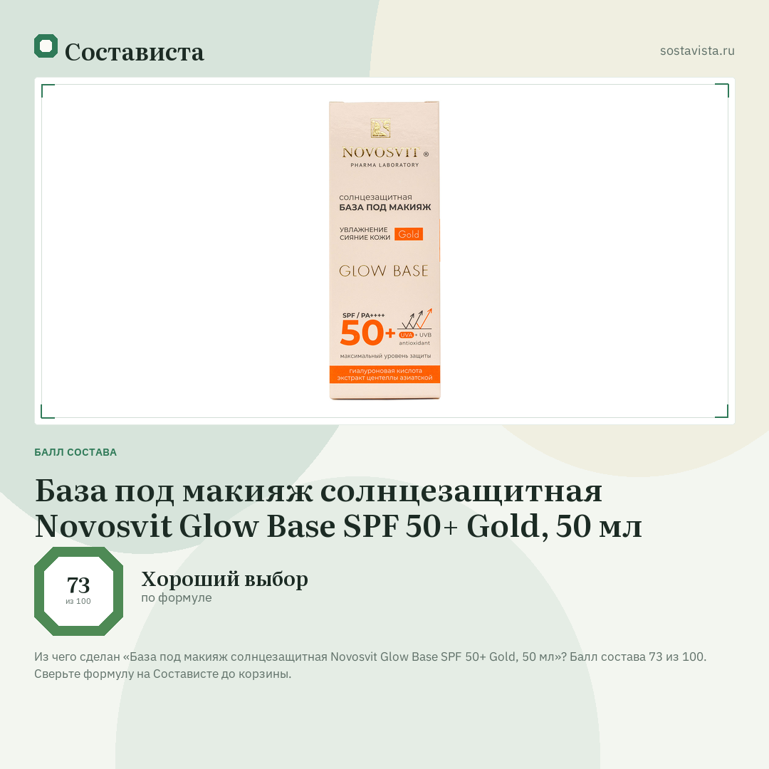 База под макияж солнцезащитная Novosvit Glow Base SPF 50+ Gold, 50 мл: балл состава 73 из 100 — Состависта