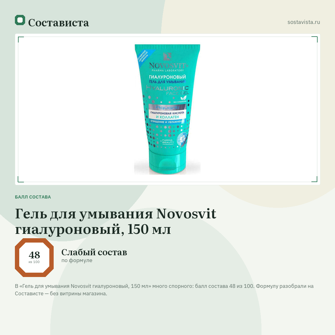 Гель для умывания Novosvit гиалуроновый, 150 мл: балл состава 48 из 100 — Состависта