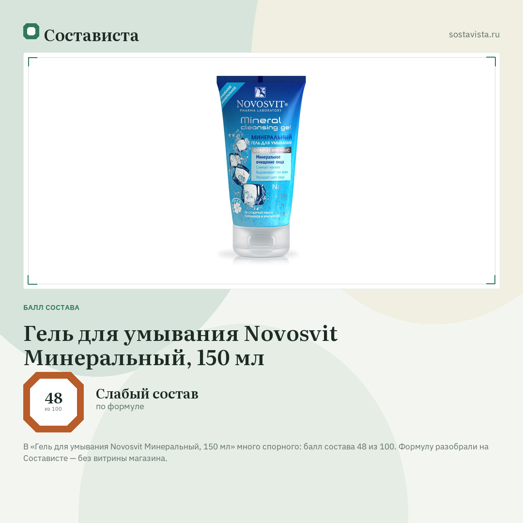 Гель для умывания Novosvit Минеральный, 150 мл: балл состава 48 из 100 — Состависта