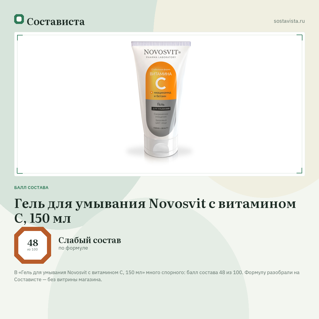 Гель для умывания Novosvit с витамином С, 150 мл: балл состава 48 из 100 — Состависта