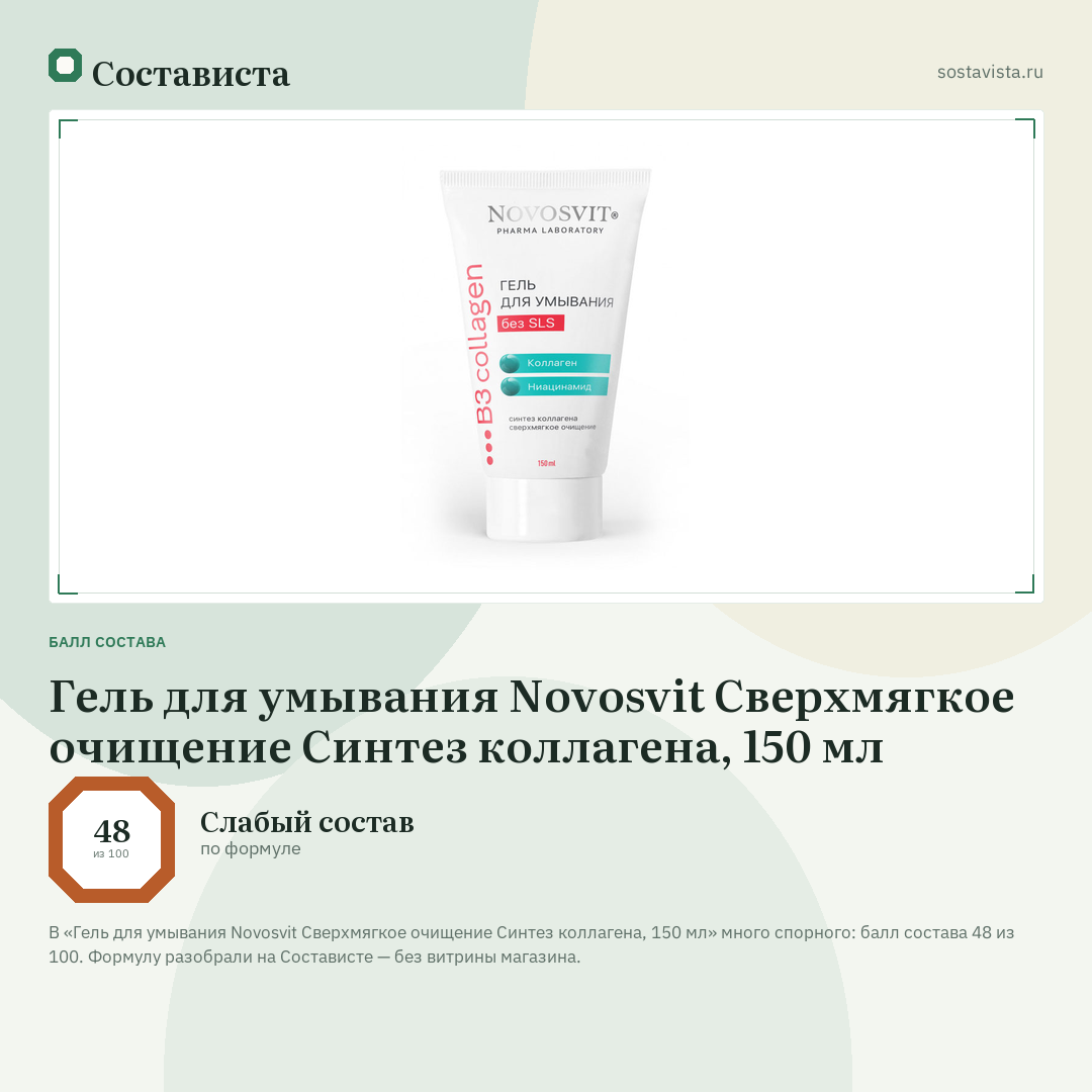 Гель для умывания Novosvit Сверхмягкое очищение Синтез коллагена, 150 мл: балл состава 48 из 100 — Состависта